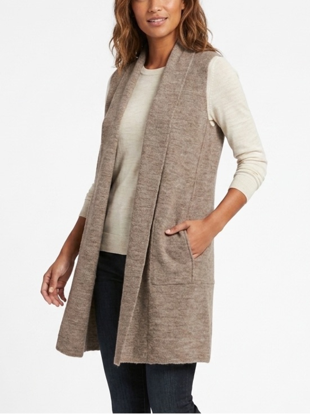 Nanette Lepore Brown 100% Merino Wool Open Front Cardigan Vest Pockets XL - 553